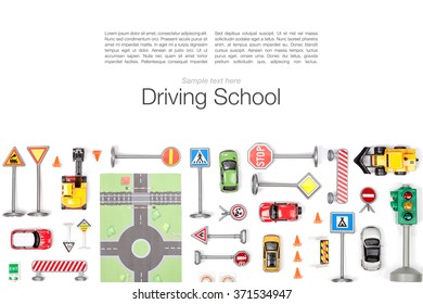 Driving School Concept. Set Of Road Signs And Cars On White Background Top View