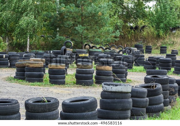 Driving school, driver training, road of the old\
car tires