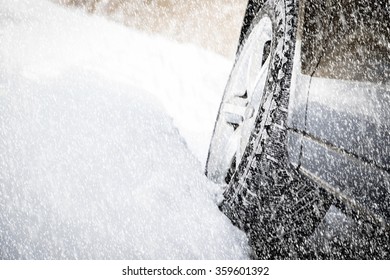 Driving SUV Car In Winter On Forest Road With Much Snow