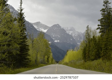 Driving through Glacier National Park, snow-capped peaks tower above, while fragrant pine trees line the winding road. The air is crisp, and breathtaking views unfold around every bend, pure mountain  - Powered by Shutterstock