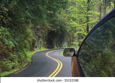 Driving Through The Winding Roads Of The Great Smoky Mountains National Park, Tennessee