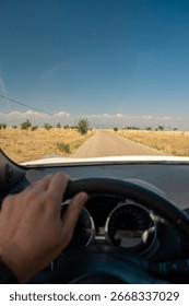 Driving view through car windshield on rural Anatolian road