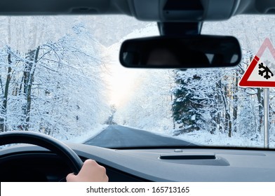 Driving In Winter - Country Road In Winter - Risk Of Snow And Ice