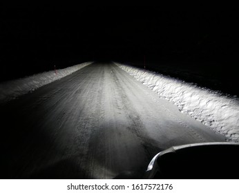 Driving In Winter At Night In Norway From The Car Bonnet Perspective 