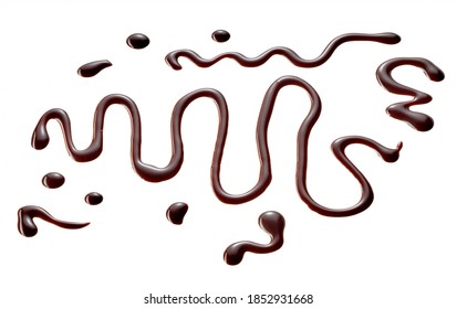Drizzled homemade chocolate sauce in fancy shapes isolated on white with wavy lines drops and splatters viewed from overhead