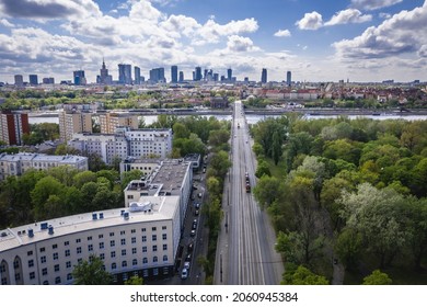 Dron View From Praga Polnoc Area Of Warsaw, Capital City Of Poland, Praski Hospital On A Left Side