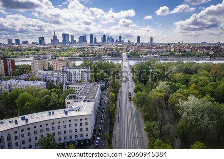 Dron view from Praga Polnoc area of Warsaw, capital city of Poland, Praski hospital on a left side