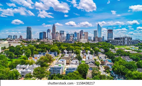 Drone Aerial of Downtown Charlotte, North Carolina, NC, USA Skyline.