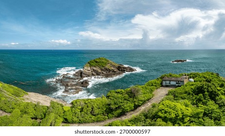Drone Aerial of Dramatic Cliffs on Caravelle Peninsula with Turquoise Atlantic Coast, La Trinité, Martinique, French West Indies, Caribbean Landscape.