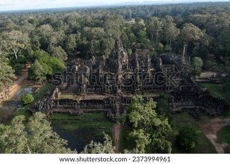Drone aerial footage of the Enigmatic Bayon, Angkor in Cambodia

