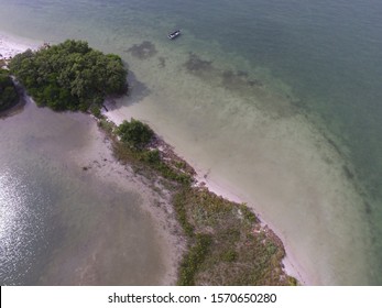 Drone Aerial Image Of A Small Dredge Spoil Island And Shallow Seagrass Beds In Western Tampa Bay, Florida