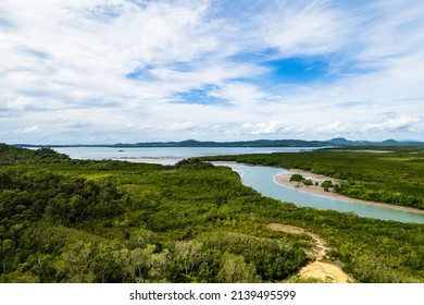 Drone Aerial Landscape Over The Forested Belmunda Beach At Mackay, Queensland, Australia.