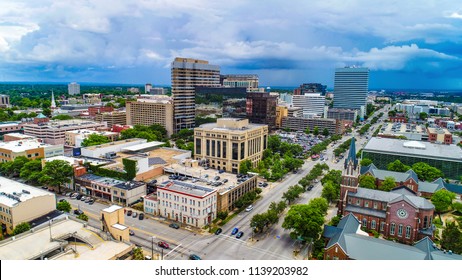 Drone aerial panorama of downtown Columbia South Carolina SC.