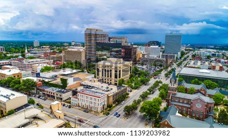 Drone aerial panorama of downtown Columbia South Carolina SC.