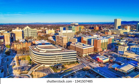 Drone aerial panorama of downtown Greenville South Carolina SC