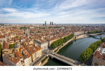 The drone aerial panoramic view of Lyon city and La Part-Dieu Central Business District. It is the Central Business District (CBD) and beating heart of Lyon Metropolis. - Shutterstock ID 2199884071