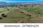 Drone aerial photograph of black cattle grazing on grass in a green and lush agricultural paddock in the Snowy Mountains region of New South Wales, Australia.