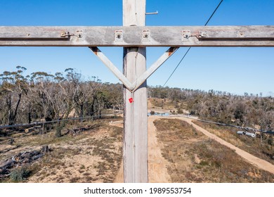 Drone Aerial Photograph Of A Telephone Pole And Wires In A Forest Affected By Bushfires