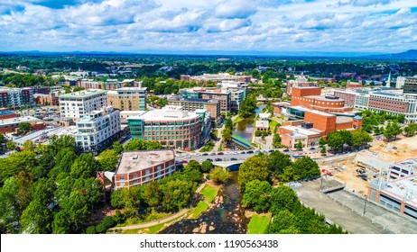 Drone Aerial of River Place and Reedy River in Greenville, South Carolina, USA.