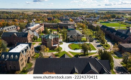 A drone aerial shot of Sackville, New Brunswick, overlooking the Mount Allison University campus and its many historic buildings.