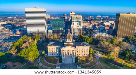 Drone Aerial of the State Capitol Building in Downtown Columbia, South Carolina, USA.