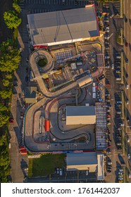 Drone, Aerial, Top Down View Of Go Cart Tracks And Attractions In Pigeon Forge, Tennessee 