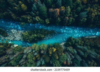 Drone aerial top view of mountain river and forest - Powered by Shutterstock