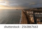 Drone aerial view of a beach in a coudy day in Peniscola