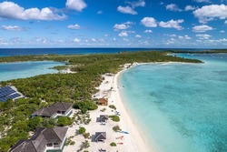 The drone aerial view of the beach of Stocking Island, Great Exuma, Bahamas., a Nature Photo by Brookgardener