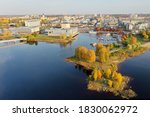 Drone aerial view of the central part of Oulu city in the North Ostrobothnia region of Finland autumn time