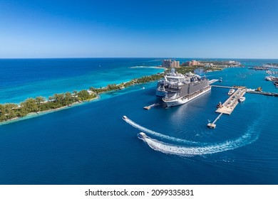 The drone aerial view cruise ships in the clear blue Caribbean ocean docked in the port Nassau  Bahamas 