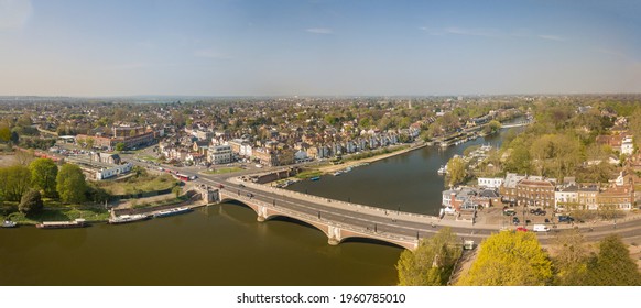 The Drone Aerial View Of Hampton Bridge And East Molesey Area In Greater London. 