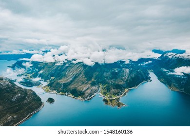 Drone aerial view from Hornelen (highest sea cliff in Europe). It is a mountain in Bremanger Municipality in Sogn og Fjordane county, Norway