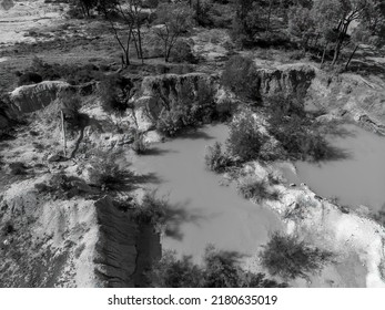 Drone Aerial View Looking Down Over Sapphire Mine Diggings In Central Queensland Australia.