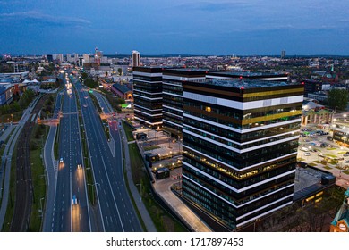 Drone aerial view on office buildings in Katowice.