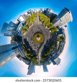 Drone aerial view over the iconic Reforma Avenue packed with people enjoying the annual Catrinas parade next to the La Diana fountain