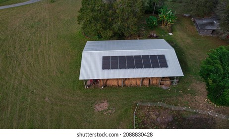 Drone Aerial View Over North Florida Hay Barn With Cows In Background Stacked Hay Bales And Broken Down Red Tractor With Metal Roof And Renewable Solar Panels On Roof 