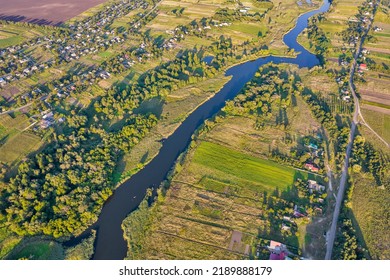 Drone Aerial View Over Summer Sunset River Ros Landscape, Ukraine.