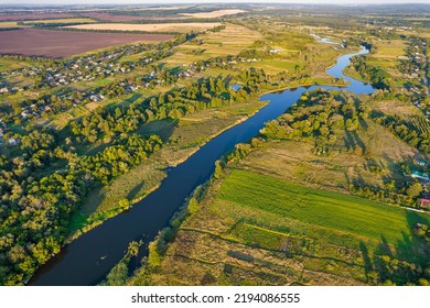 Drone Aerial View Over Summer Sunset River Ros Landscape, Ukraine.