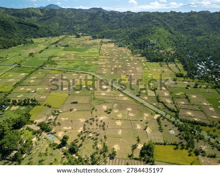 Drone aerial view of patchwork rice paddies and agricultural fields with a rural road cutting through tropical farmland, bordered by lush green hills. Ideal for travel and agriculture editorial.