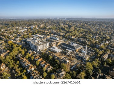 The drone aerial view of residential area around Kingston hospital, Kingston upon Thames, Greater London.	