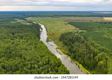 Drone Aerial View River Landscape. Summer Landscape