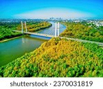 Drone aerial view of River Vistula in Warsaw, capital of Poland, autumn or fall.