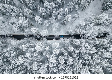 Drone Aerial View Of Road In The Snowy Forest. Vilnius County, Lithuania