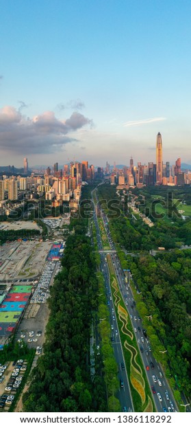 A drone aerial\
view of the shenzhen city