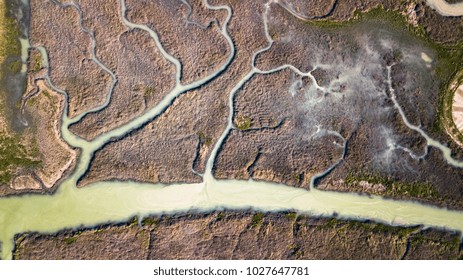 Drone Aerial View Of A Spectacular Delta Where The River Flows Into The Sea