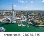 The drone aerial view of Spinnaker Tower and Portsmouth Harbour. Portsmouth is a port city and unitary authority in Hampshire, England.