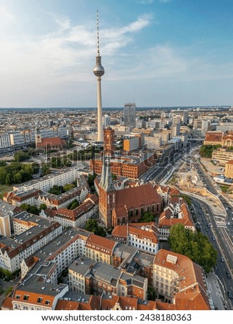 The drone aerial view of the television tower (Fernsehturm) and old town of Berlin, Germany.