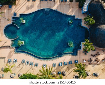 Drone Aerial View Of Tropical Resort , Tropical Resort Aerial Drone View With Pool And Ocean Beach