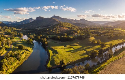 Drone Aerial View Of Tweed River And Mount Warning, New South Wales, Australia